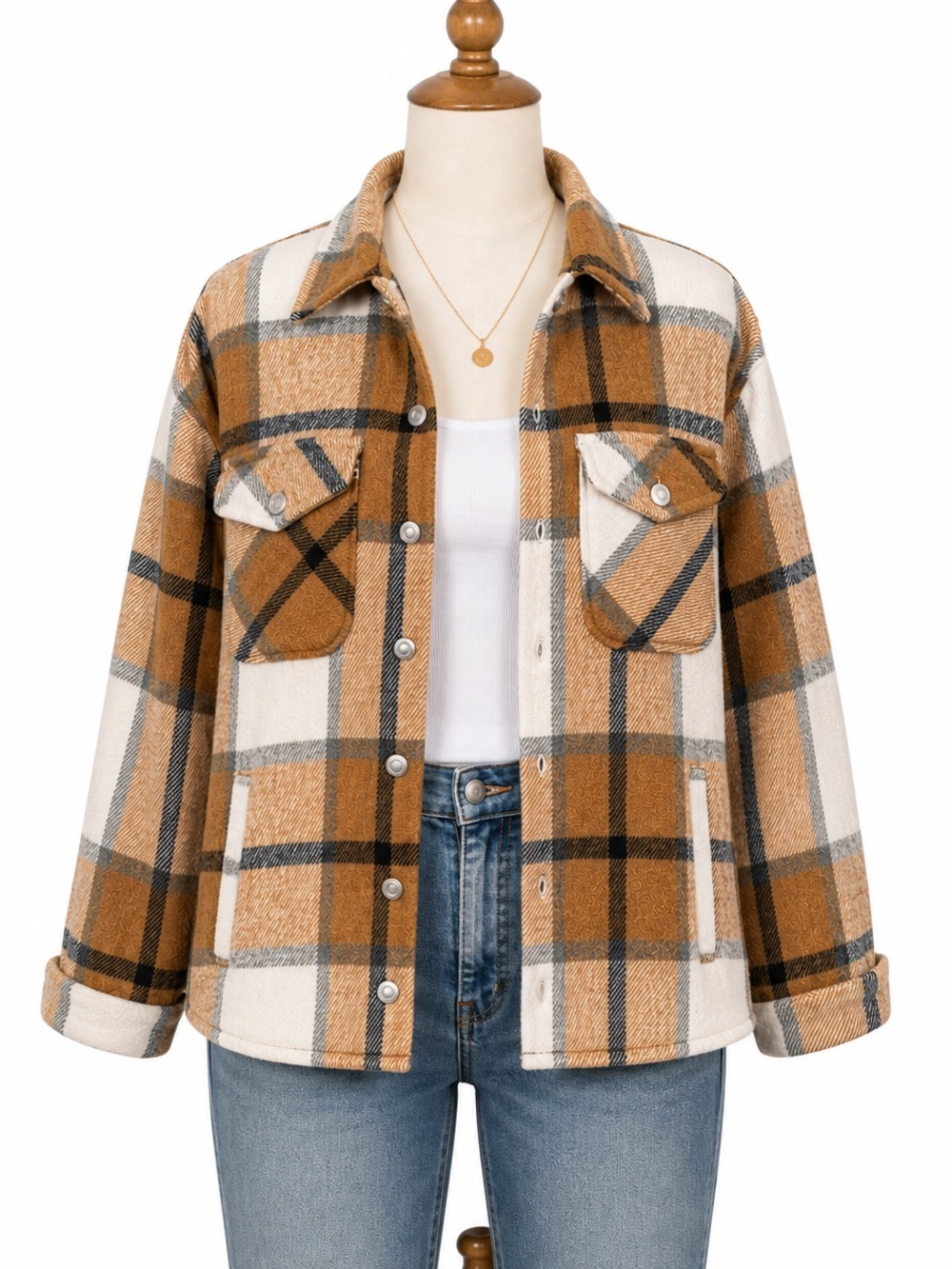 Women’s Tan Plaid Shacket Jacket - Classic Button-Up